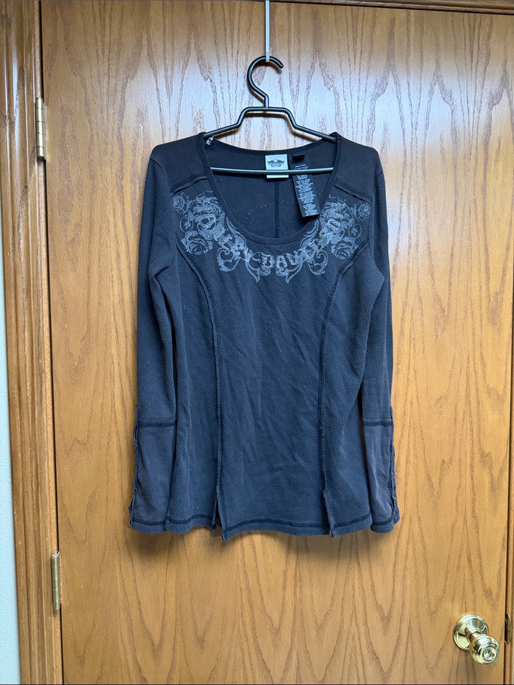 Harley-Davidson Black Long Sleeve Scoop Neck Top with Chest Print